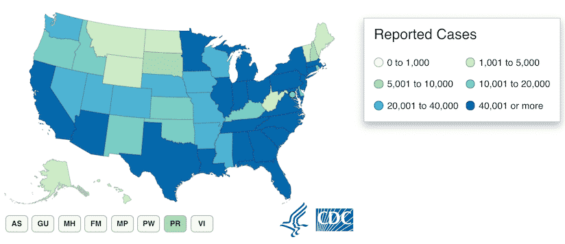 [CREDIT: CDC] This map shows COVID-19 cases reported by U.S. states, the District of Columbia, New York City, and other U.S.-affiliated jurisdictions.