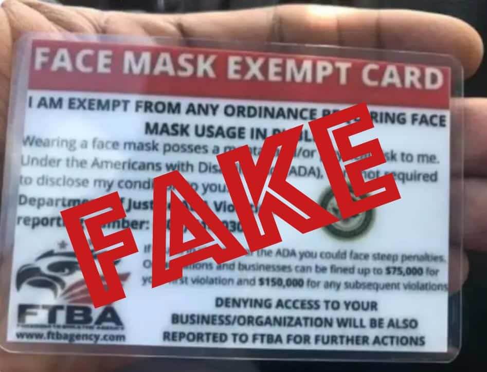 [Original Image via Twitter Screenshot] The DOJ says there is no exemption for mask requirements, and that cards alleging such exemptions are fake.