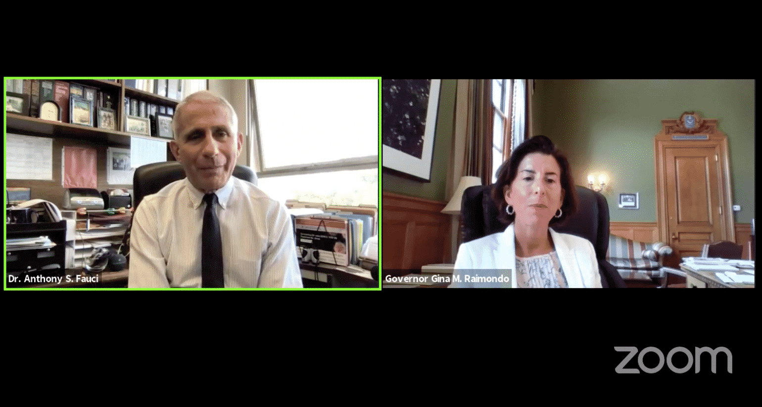 [CREDIT: Gov. Raimodo's office] Dr. Anthony Fauci and Gov. Gina M. Raimondo discuss opening schools on Zoom Thursday afternoon.