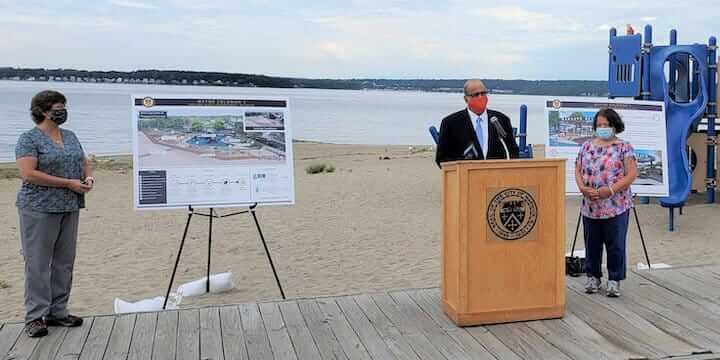 [CREDIT: Mayor Solomon's office] Mayor Joseph J. Solomon, Councilwoman Donna Travis and Megan DiPrete, Chief of Planning & Development at DEM, unveiled a $600K Oakland Beach Improvement plan Aug. 19, 2020.