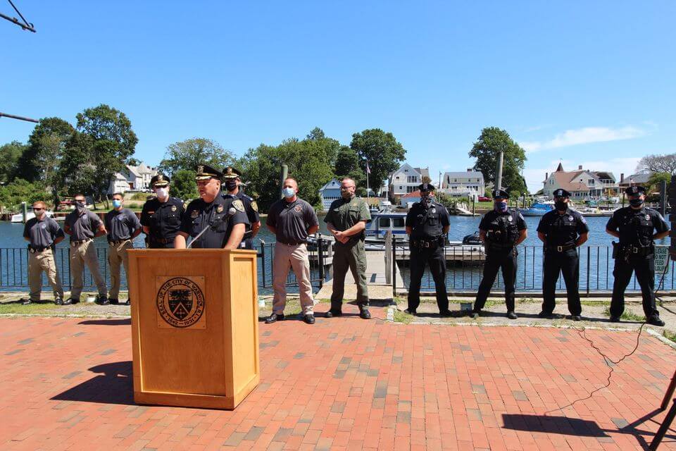 [CREDIT: Mayor Solomon's Office] WPD Col. Rick Rathbun and the WPD Dive Team/ Marine Patrol Unit to announce two DEM donated boats that expand their marine patrol presence.