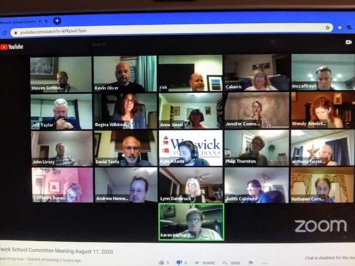 [CREDIT: YouTube] The Warwick School Committee backed Warwick distance learning during their own "distanced" remote meeting Aug. 11. Teleconferencing similar to the kind the board has been using to avoid risk of COVID-19 infection by in-person meetings will be used to afford Warwick students, their families, teachers and staff the same protections in the fall.