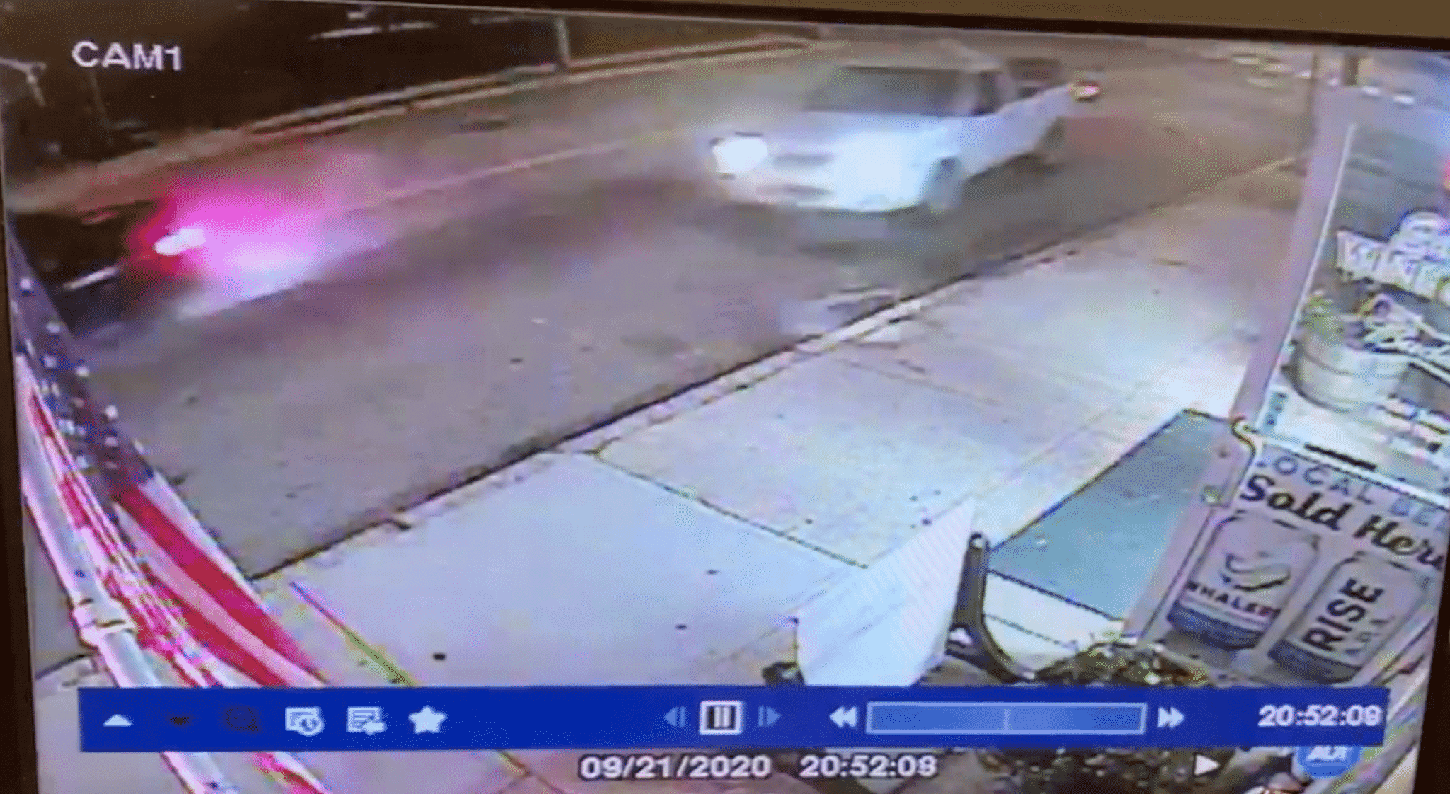 [CREDIT: CPD] A still frame from security video shows the pickup driven by a Warwick drag racer losing control before a three-car crash.