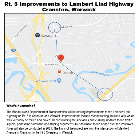 [CREDIT: RIDOT: Lambert Lind-Highway / Rte. 5 will have one south lane closed for utility work ahead of a bridge replacement over the Pawtuxet River there next year.