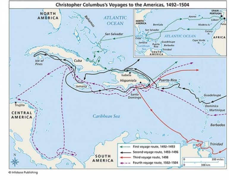 [CREDIT: U.S. Department of the Interior] A poster showing the voyages of Christopher Columbus from 1492-1504. Many states have replaced Columbus Day with Indigenous People's Day.