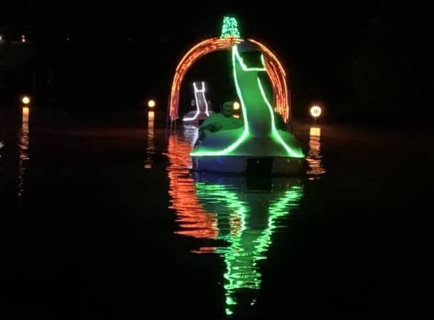 [CREDIT: Rob Borkowski] Just down the hill from Roger Williams Park's Museum of Natural History "Night at the Haunted Museum," festively illuminated swan boats provide a relaxing end to the evening.