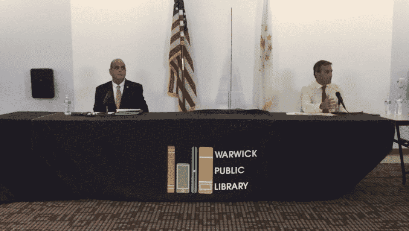 [CREDIT: Warwick Public Library] Incumbent Mayor Joseph J. Solomon and challenger Frank Picozzi faced each other in their first debate Tuesday at Warwick Public Library.