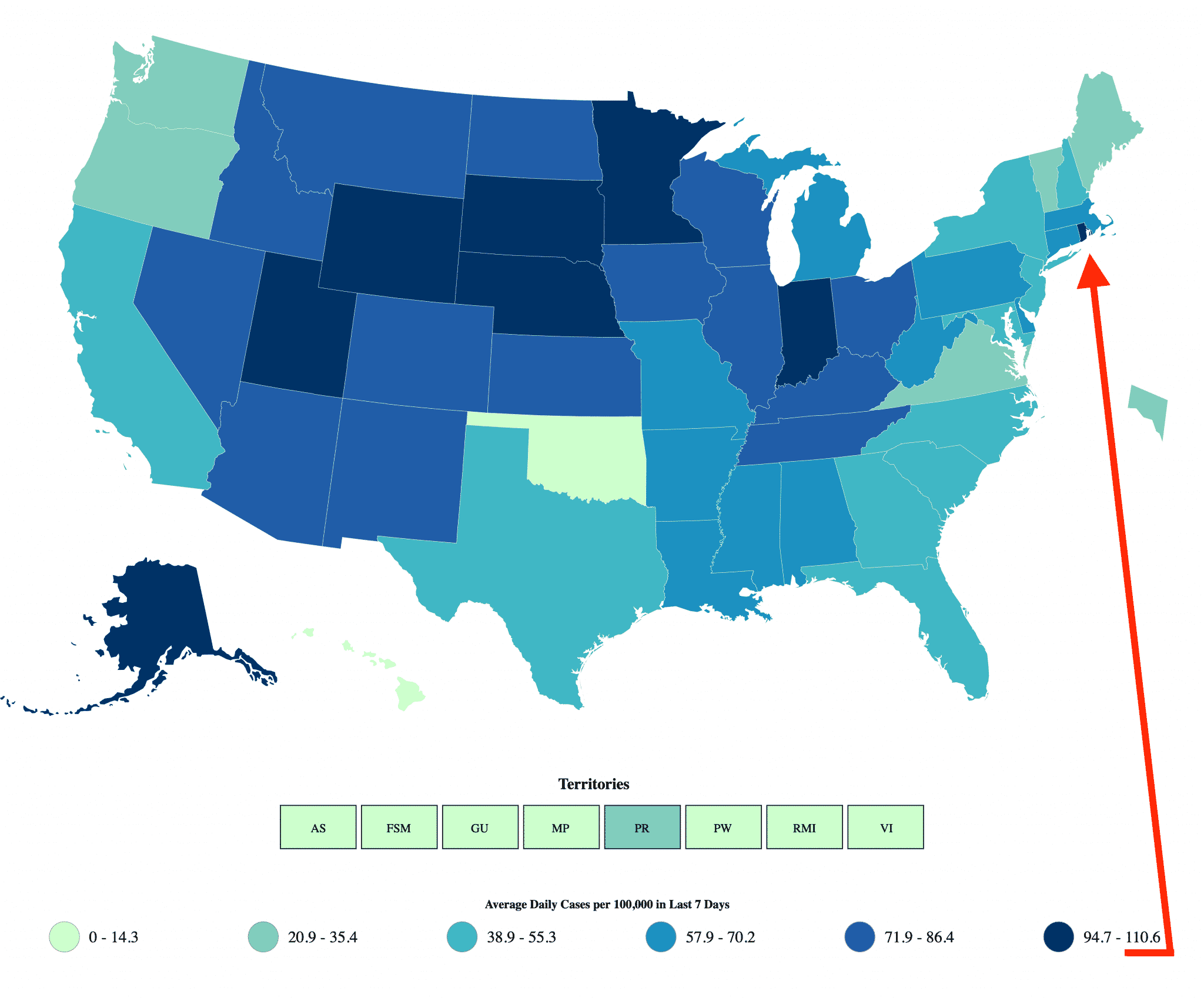 [CREDIT:CDC] Rhode Island has the highest per capita rate of COVID-19 cases in the United States.
