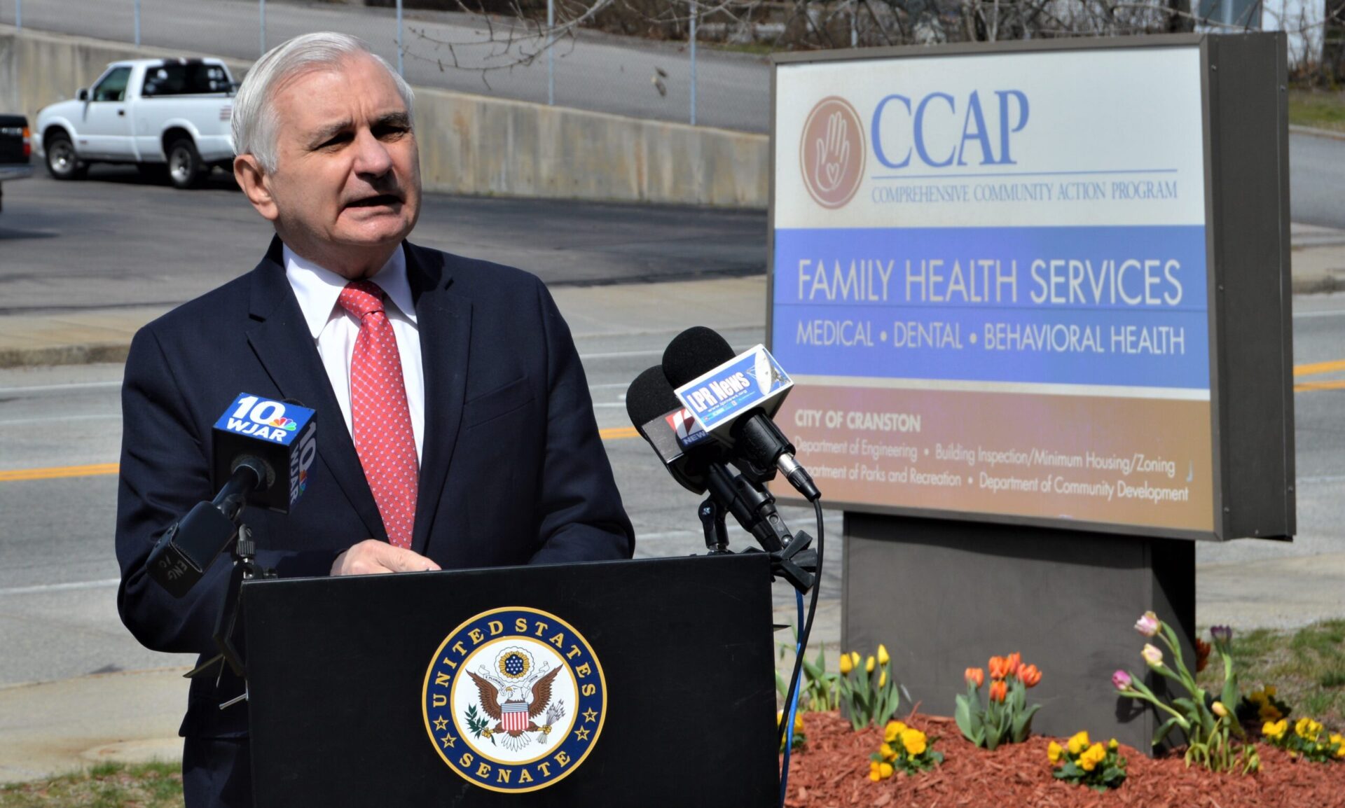 [CREDIT: Sen. Reed's office] Sen. Jack Reed speaks at CCAP, 311 Doric Ave, Cranston, about the need for increasing underserved communities' access to the COVID-19 vaccine.