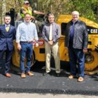 [CREDIT: RI Infrastructure Bank] From left: Councilman Anthony Sinapi, DPW Director Eric Earls, Mayor Frank Picozzi, and RI Infrastructure Bank CEO Jeffrey Diehl toured work on Hardig Road Thursday.