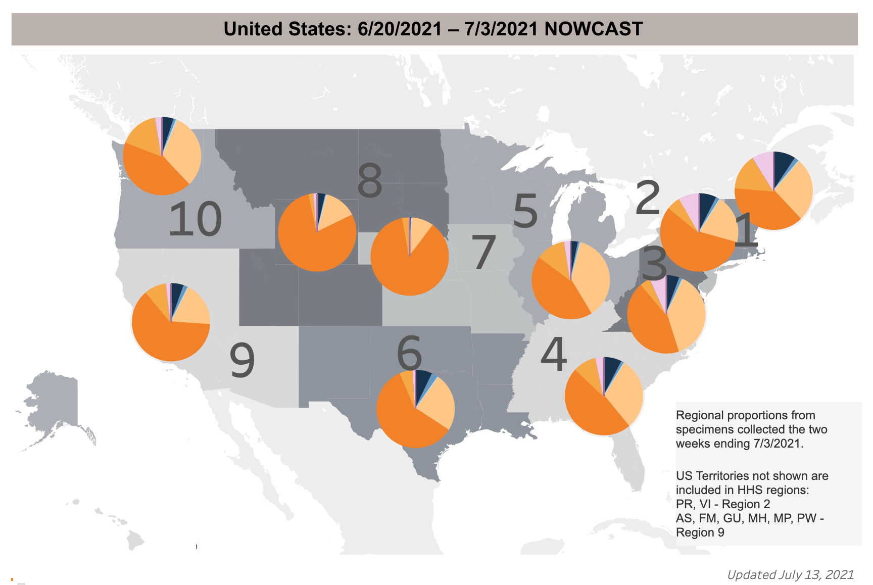 [CREDIT: CDC] The COVID-19 Delta variant is the most dominant in the U.S. now. It is also more contagious and virulent. Above, a CDC map of the percent spread of COVID-19 variants. The Delta variant is marked in dark orange. In region 1, including RI, CT, MA, NH, VT, and ME, the percent cases that are Delta variant is 11.6%.