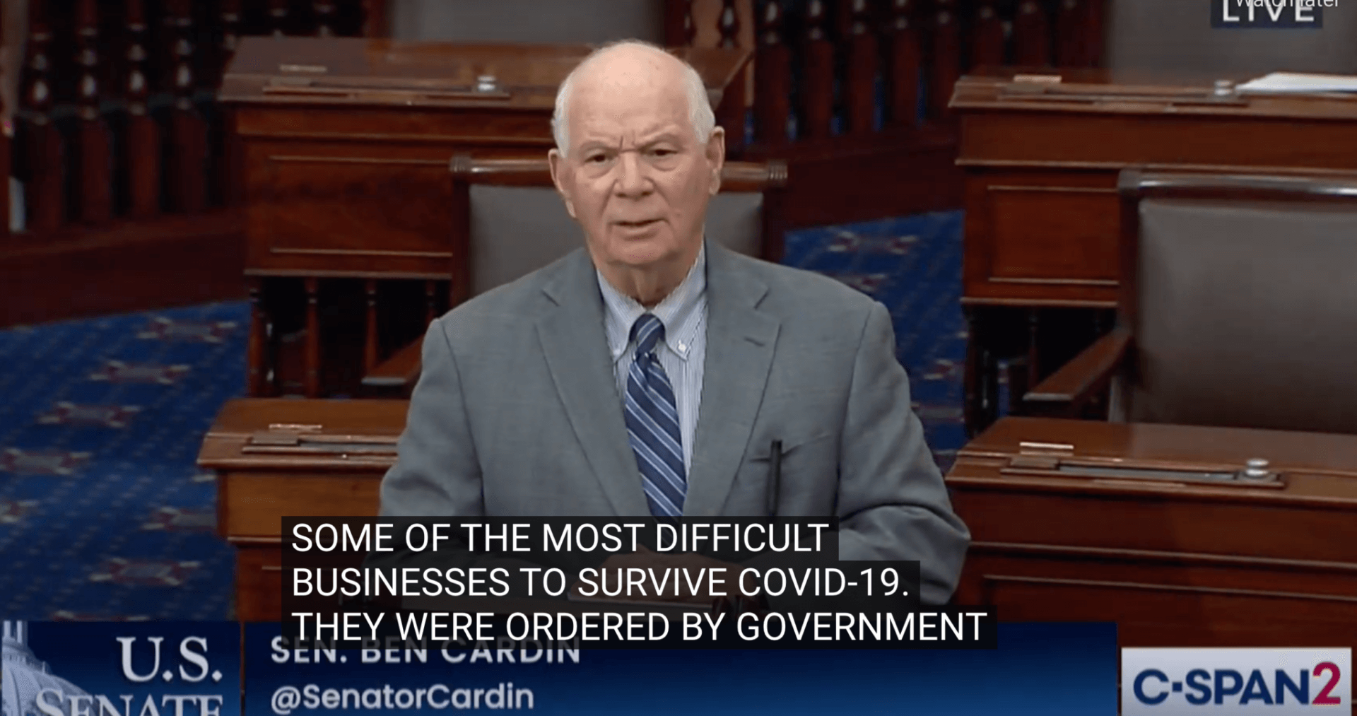 [CREDIT: C-SPAN] U.S. Senate Committee on Small Business & Entrepreneurship Chair Ben Cardin (D-MD) led an effort to fully fund the Restaurant Revitalization Fund in the U.S. Senate.