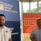 [CREDIT: Goldman Sachs] From left, Thomas Bucci of Warwick Ice Cream and RI Speaker Joseph Shekarchi at Warwick Ice Cream discuss challenges the small business faces.