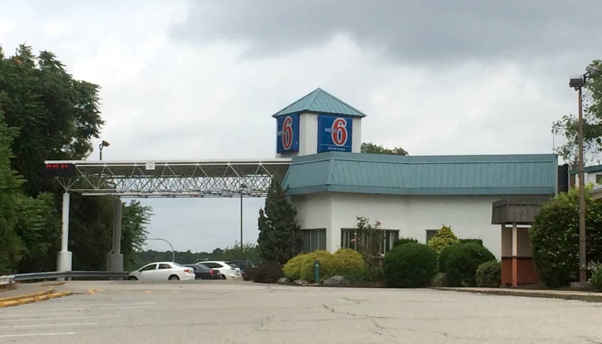 Motel 6 at at 20 Jefferson Blvd., where police report arresting two men suspected in stealing three stolen cars found in the motel parking lot Tuesday morning.
