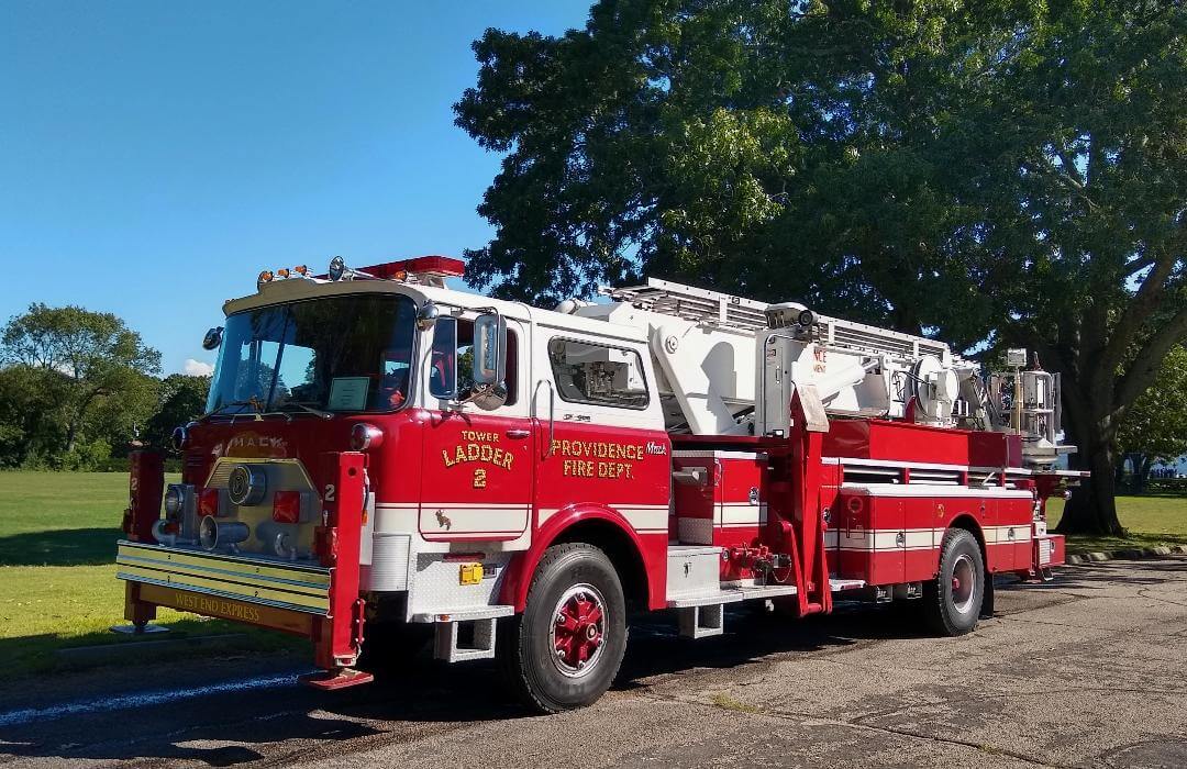 [CREDIT: Lincoln Smith]  The Providence Tower Ladder 2 - 1975 Mack during the Antique Fire Truck Show at the Masonic Youth Center Sept. 27, 2021.