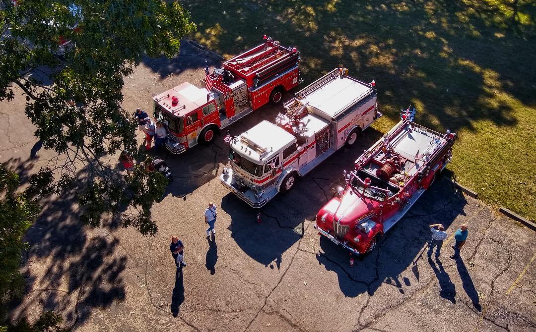 [CREDIT: Lincoln Smith] An aerial view of the Antique Fire Truck Show at the Maasonic Youth Center Sept. 27, 2021.