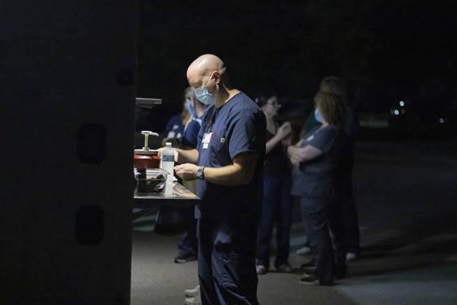 [CREDIT: Kent Hospital] Hospital staff line up for Haven Brothers diner fare Sept. 8.