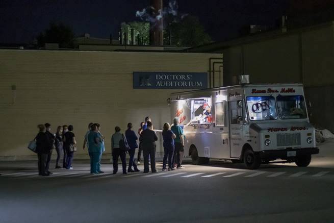 [CREDIT: Kent Hospital] Hospital staff line up for Haven Brothers diner fare Sept. 8.