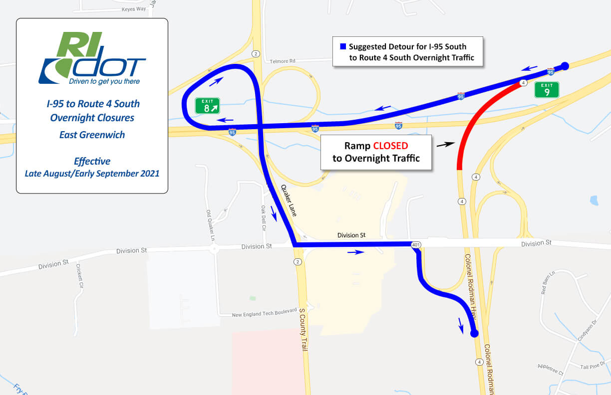 Thursday marks the third evening, but maybe not that last, that RIDOT will close Exit 9 on I-95 South to Route 4 South. The agency has provided a detour for drivers during the closure.