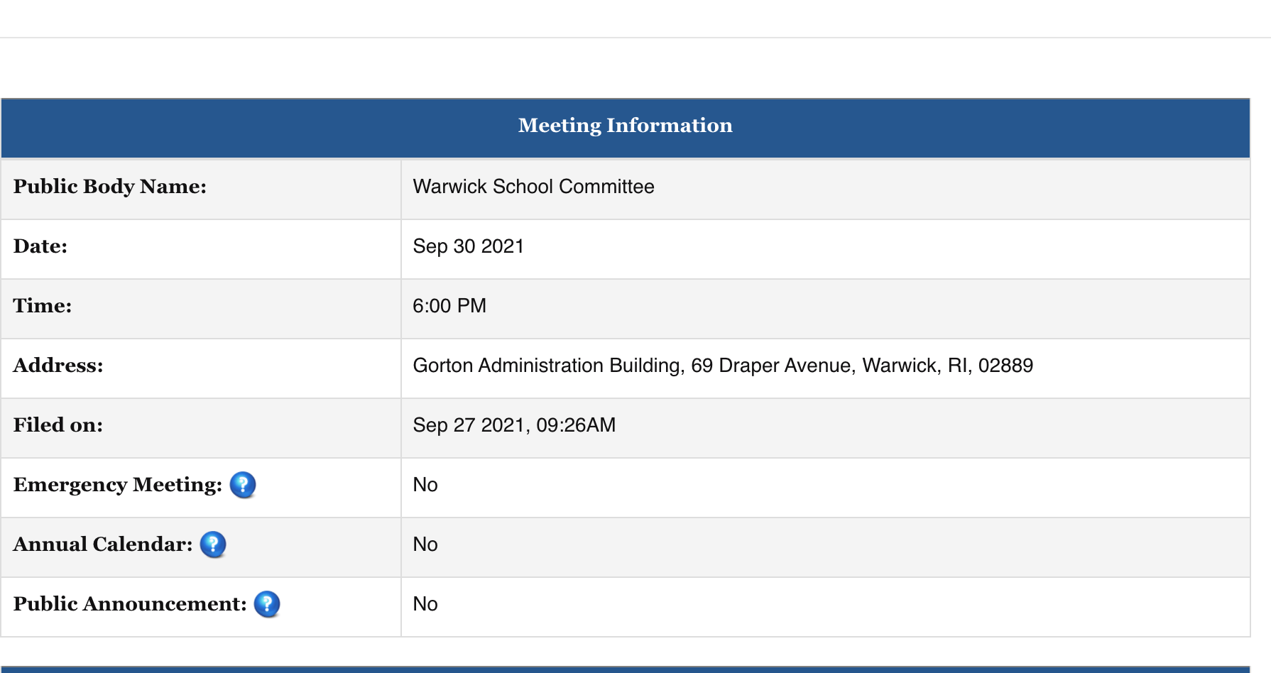 [CREDIT: RI Secretary of State] The Sept. 30 School Committee meeting time and date are listed on the Secretary of State's office. The agenda was not available.