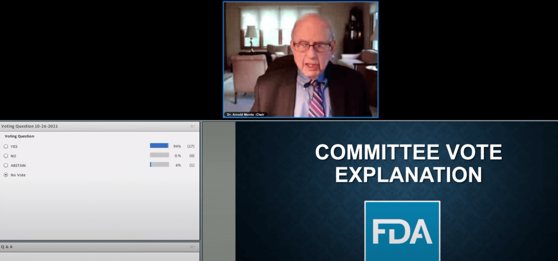 [CREDIT: FDA] Dr. Arnold Monto, chair of the FDA Vaccines and Related Biological Products Advisory Committee, summarized the approval of the Pfizer 5-11 COVID-19 Tuesday.