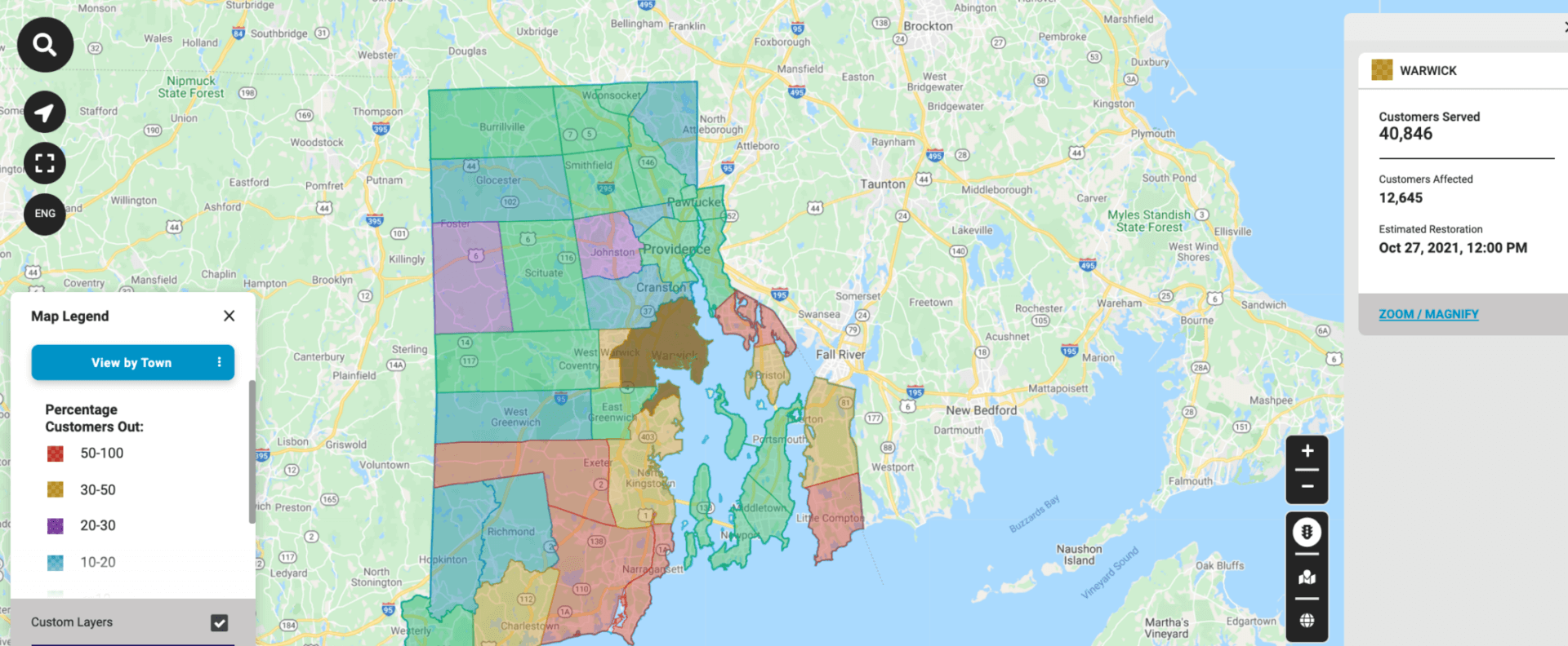 [CREDIT: National Grid] Wednesday's storm cut power to about 90,000 homes, with a wind advisory remaining in effect through the afternoon.