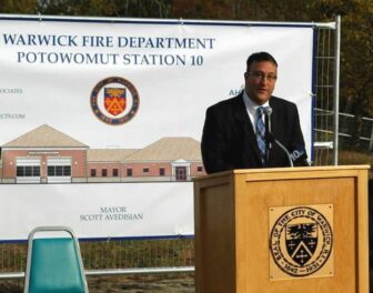 [CREDIT: Rob Borkowski] Councilman Steve Merolla speaks during the ground breaking for the new Potowomut Fire Station Oct. 29, 2014 at 225 Potowomut Road.