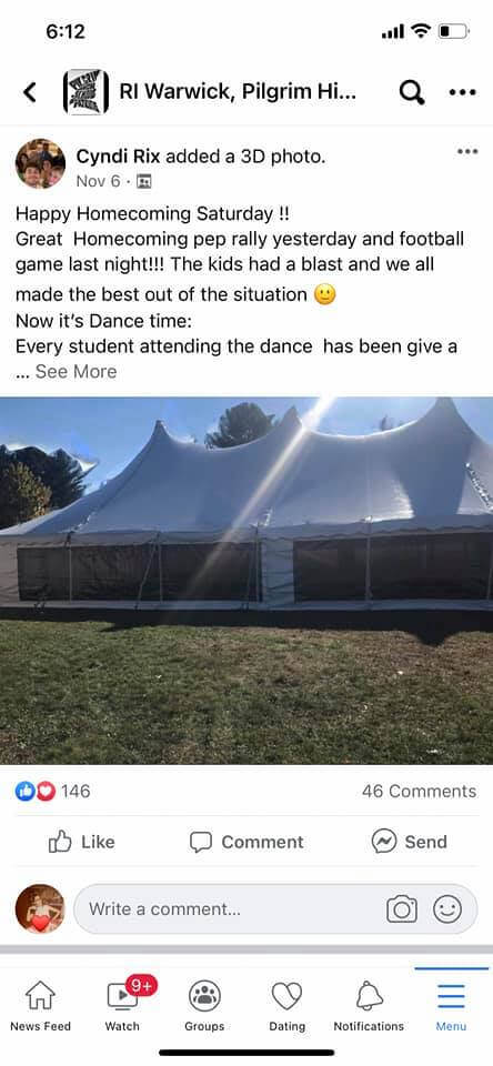 [CREDIT: Community of Warwick Schools Page] A photo of the tent used for Pilgrim High Homecoming, the likely source of a COVID-19 outbreak that has shut down the school through Thanksgiving.