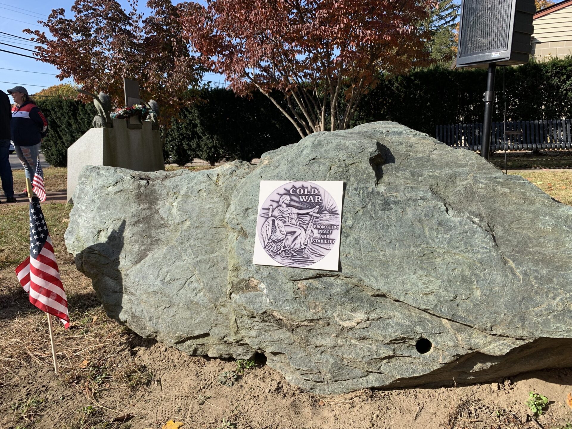 [CREDIT: Rob Borkowski] The Cold War memorial at Warwick Veterans Memorial Park, with a placeholder for the medallion that will soon adorn it. 