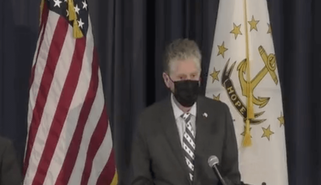 [CREDIT: Gov. McKee's office] Rhode Islanders will need all COVID-19 strategies together to put the pandemic behind us, Gov. McKee said, including masks and vaccinations.