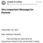 [CREDIT: Warwick Public Schools] Warwick Veterans Middle School Parents received a message from Principal Joe Coffey this morning alerting them to increased police presence following a social media threat received at the school.