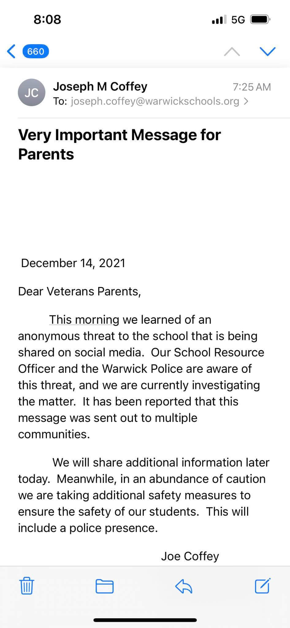 [CREDIT: Warwick Public Schools] Warwick Veterans Middle School Parents received a message from Principal Joe Coffey this morning alerting them to increased police presence following a social media threat received at the school.