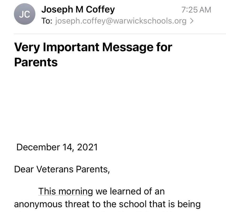 [CREDIT: Warwick Public Schools] Warwick Veterans Middle School Parents received a message from Principal Joe Coffey this morning alerting them to increased police presence following a social media threat received at the school.