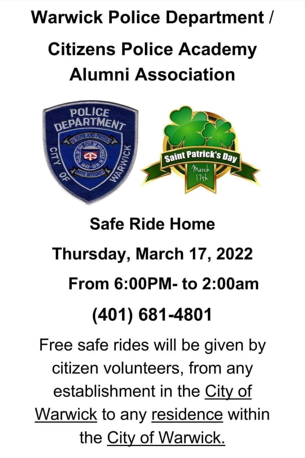 [CREDIT: WPD] The volunteer-driven WPD Safe Rides Program is back getting people safely home this St. Patrick's Day.