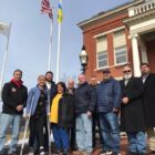 [CREDIT: Mayor Picozzi] Warwick officials raised the Ukraine flag at City Hall Saturday.