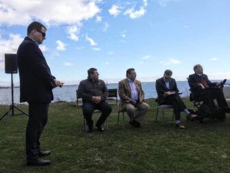 [CREDIT: Joe Siegel] Attending the Conimicut Shoals Lighthouse press conference with Picozzi and Mikkelsen were, from second, right, City Council President Steve McAllister, Speaker Joseph Shekarchi, and, at far right, Congressman Jim Langevin.