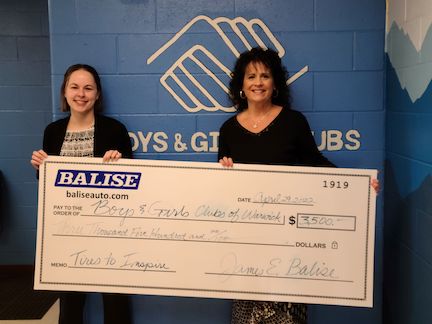 [CREDIT: BGCW] Director of Marketing for Balise Auto Sales Alex Belise visited Lara D’Antuono, director of the Boys & Girls Clubs Of Warwick CEO April 29 to present a $3,500 check to the club.