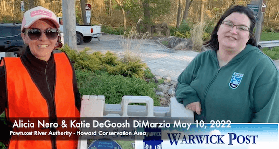 [CREDIT: Rob Borkowski] Pawtuxet River Authority volunteers Alicia Nero and Katie DeGoosh Demarzio describe the upcoming boat launch day.