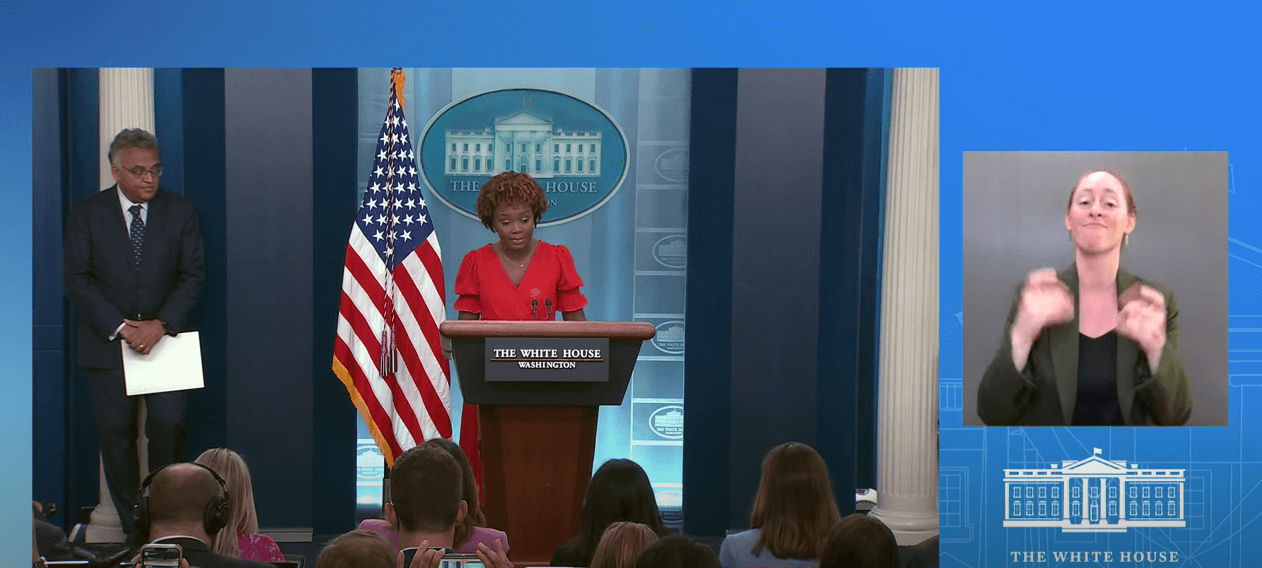 [CREDIT: The White House] Press Secretary Karine Jean-Pierre read a statement from President Biden's doctor noting that since Biden is fully vaccinated and boosted twice, chances of serious illness resulting from the president's COVID diagnosis are dramatically lower than they'd otherwise be.