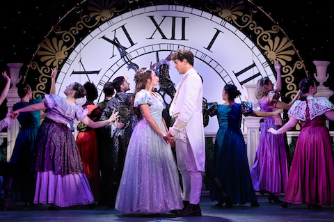 [CREDIT: TBTS] Ella (Ophelia Rivera) and Prince Topher (Aidan Cole) meet during the ball scene in TBTS's 'Cinderella'.