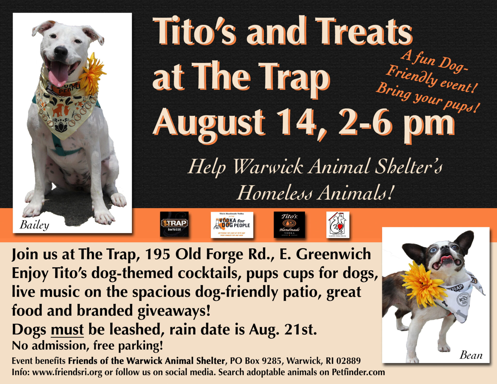 [CREDIT: The Trap] The Tito’s and Treats fundraiser for The Warwick Animal Shelter will be at The Trap at 195 Old Forge Road, East Greenwich, RI, Aug. 14. 