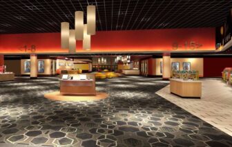 [CREDIT: National Amusements] A view of the recently remodeled lobby at Showcase Cinemas Warwick, viewed from just inside the entrance facing Rte. 2.