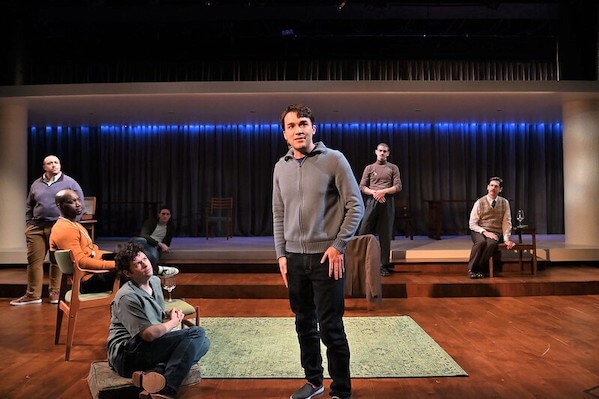 CREDIT: Trinity Rep] Jack Dwyer, center, and the ensemble cast of Trinity Rep's "The Inheritance."