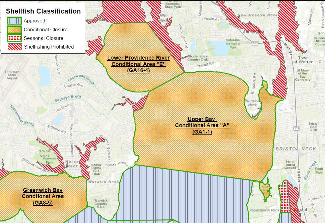 [CREDIT: DEM] DEM reports its closure of the western side of Upper Narragansett Bay shellfish Area A has ended.