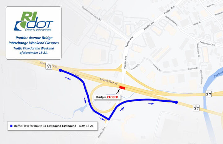 [CREDIT: RIDOT: The RIDOT will finish the second of two bridge slide repairs for the Pontiac Bridge this weekend, with detours till Monday.