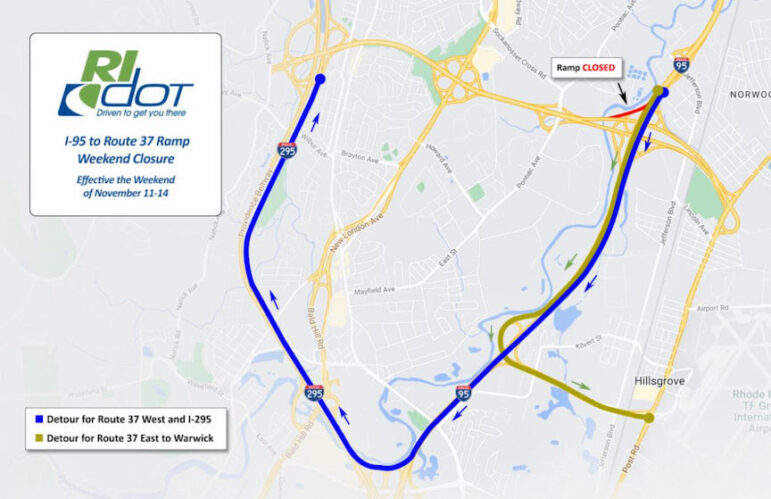 [CREDIT: RIDOT] Replacing the Pontiac Bridge will require Rte. 37 exits to be closed during November.