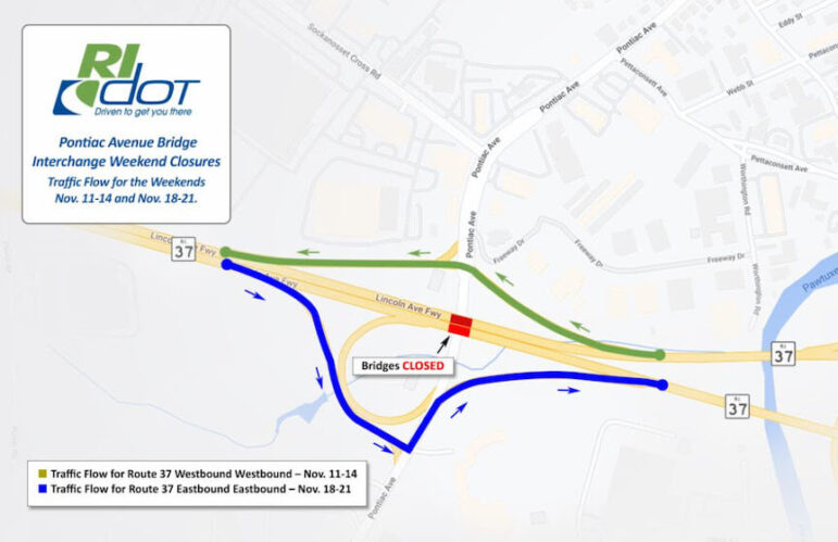 [CREDIT: RIDOT] Replacing the Pontiac Bridge will require Rte. 37 exits to be closed during November.