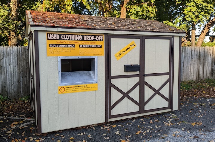 [CREDIT: Warwick Public Library] The Library is partnering with St. Pauly Textile Inc. to provide a clothing donation shed for a clean, convenient, and well-cared-for option to donate their used clothing.