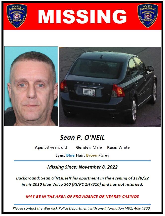 [CREDIT: WPD] Warwick Police ask that you keep an eye out for Sean O'Neil, 53, last seen Nov. 8.