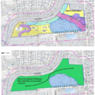 [CREDIT: City of Warwick] At top, the current proposal for a contractor storage facility at 175 Post Road. Below, Planner Tom Kravitz's proposal to increase conservation space in the plan.